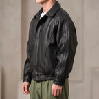 Black Men's Leather Jacket with Structured Collar & Relaxed Fit - Side Pose