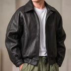 Black Men's Leather Jacket with Structured Collar & Relaxed Fit