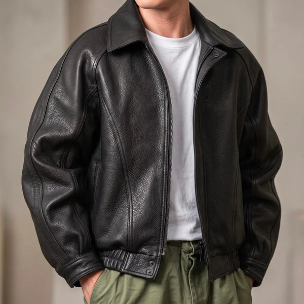 Black Men's Leather Jacket with Structured Collar & Relaxed Fit