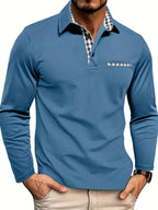 Blue Men's Long Sleeve Polo with Plaid Contrast Collar & Relaxed Comfort Fit