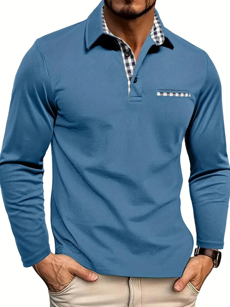 Blue Men's Long Sleeve Polo with Plaid Contrast Collar & Relaxed Comfort Fit