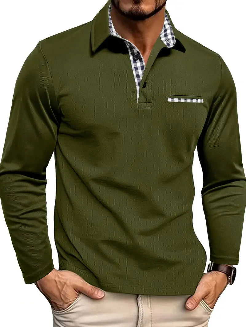 Green Men's Long Sleeve Polo with Plaid Contrast Collar & Relaxed Comfort Fit