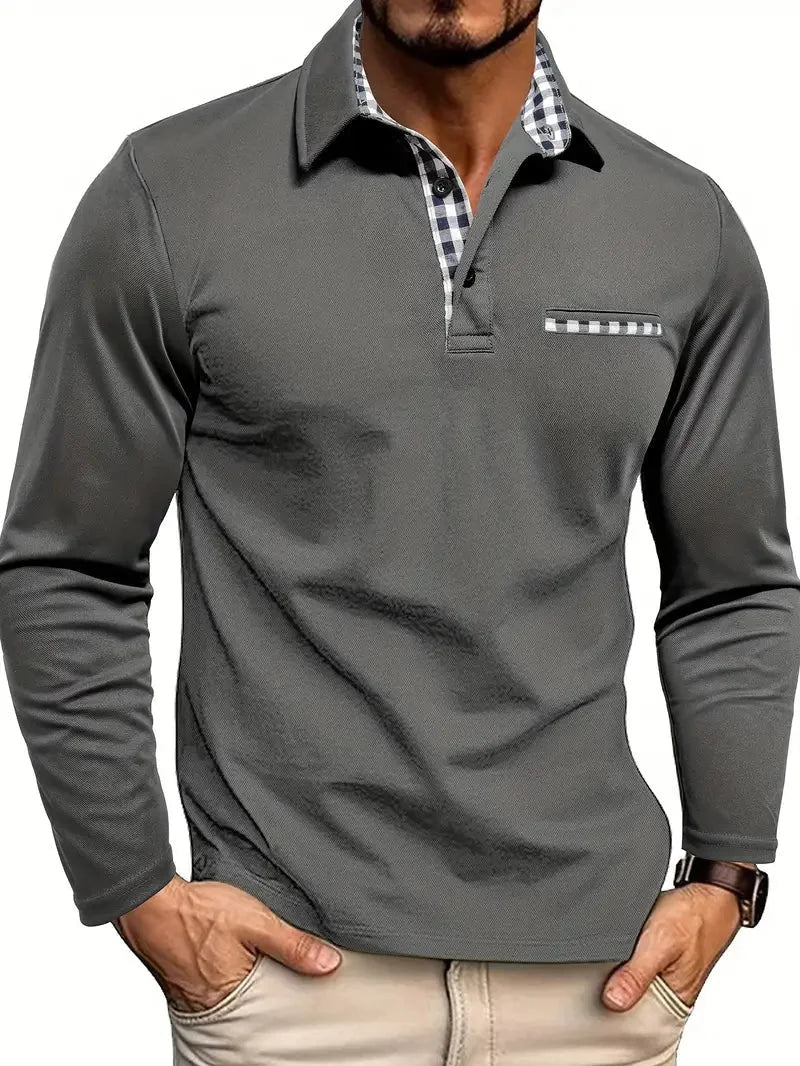 Grey Men's Long Sleeve Polo with Plaid Contrast Collar & Relaxed Comfort Fit