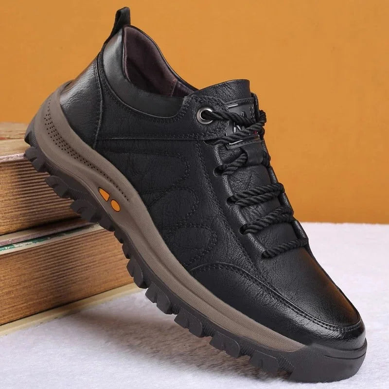 Black Men's Orthopedic Leather Shoes — Caleb Full-Grain Lace-Up Cushioned - Side Angle Books
