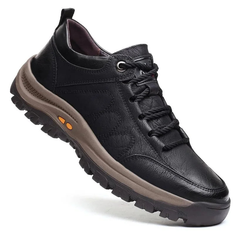 Black Men's Orthopedic Leather Shoes — Caleb Full-Grain Lace-Up Cushioned - Side Angle Solo