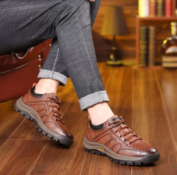 Brown Men's Orthopedic Leather Shoes — Caleb Full-Grain Lace-Up Cushioned - Worn Lifestyle Seated