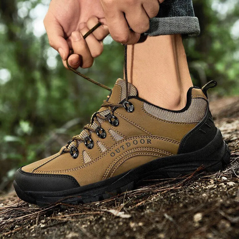 Beige Men's Orthopedic Walking Shoes — Skylar Cushioned Lace-Up Non-Slip - Worn Lifestyle Side Angle