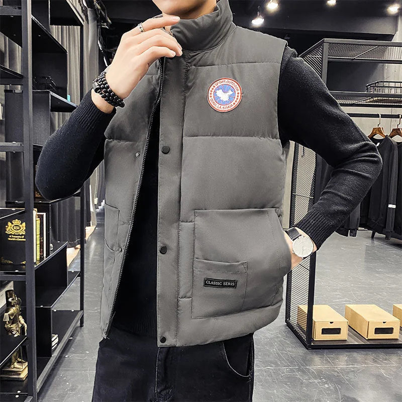 Men's Structured Padded Vest with Stand Collar & Zip Pockets - Worn Lifestyle