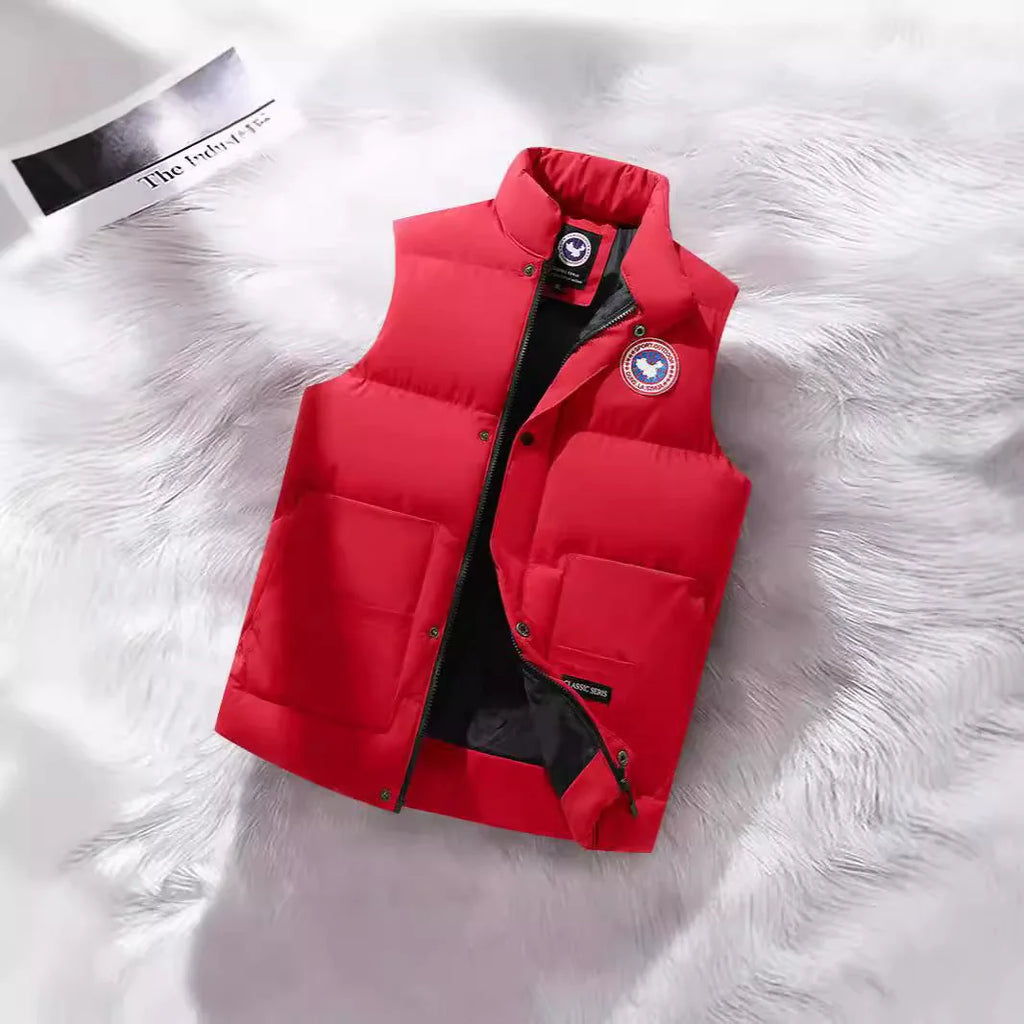 Red Men's Structured Padded Vest with Stand Collar & Zip Pockets
