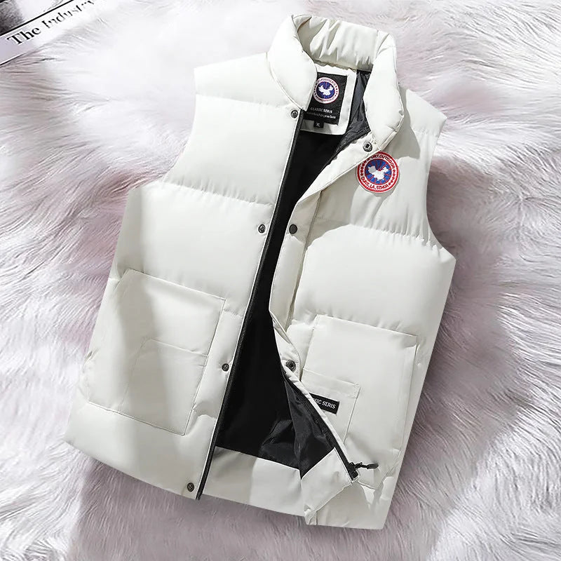 White Men's Structured Padded Vest with Stand Collar & Zip Pockets — Ronan