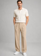 Beige Men's Pleated Trousers with Straight Leg Fit & Button-Front Waistband — Oscar - Full Body Lifestyle