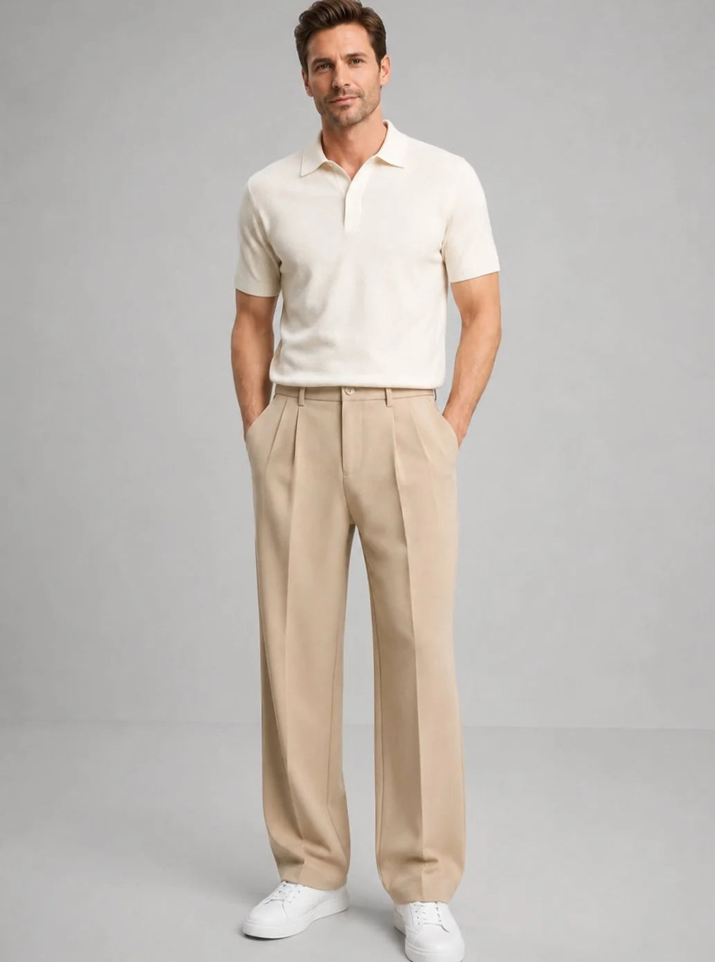 Beige Men's Pleated Trousers with Straight Leg Fit & Button-Front Waistband — Oscar - Full Body Lifestyle