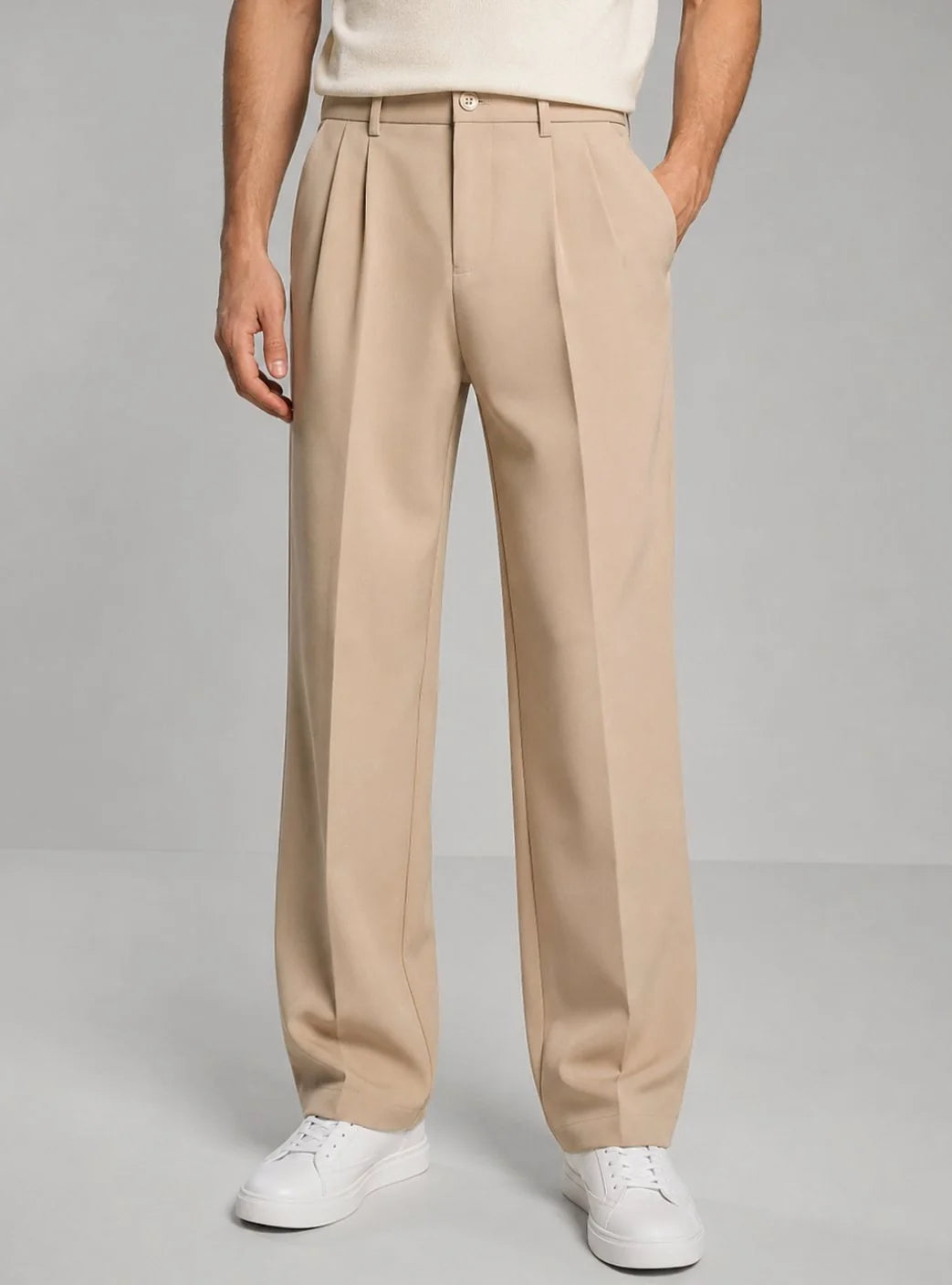 Beige Men's Pleated Trousers with Straight Leg Fit & Button-Front Waistband
