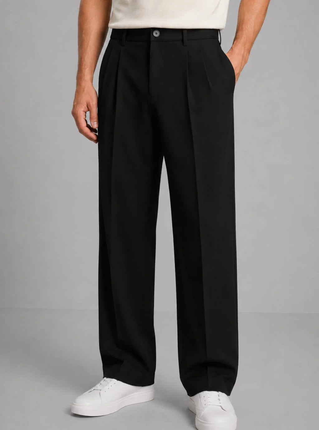 Black Men's Pleated Trousers with Straight Leg Fit & Button-Front Waistband