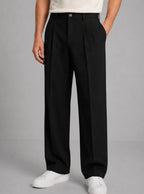 Black Men's Pleated Trousers with Straight Leg Fit & Button-Front Waistband