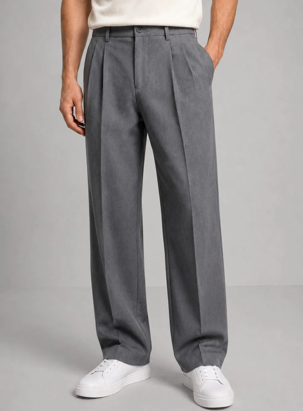 Grey Men's Pleated Trousers with Straight Leg Fit & Button-Front Waistband