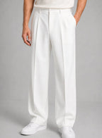 White Men's Pleated Trousers with Straight Leg Fit & Button-Front Waistband — Oscar