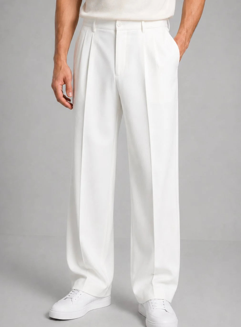 White Men's Pleated Trousers with Straight Leg Fit & Button-Front Waistband — Oscar