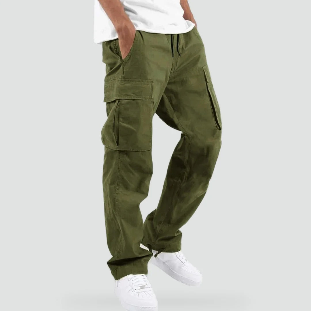 Men's Cargo Pants with Multiple Pockets, Relaxed Fit & Adjustable Waist - Green Front Full Worn