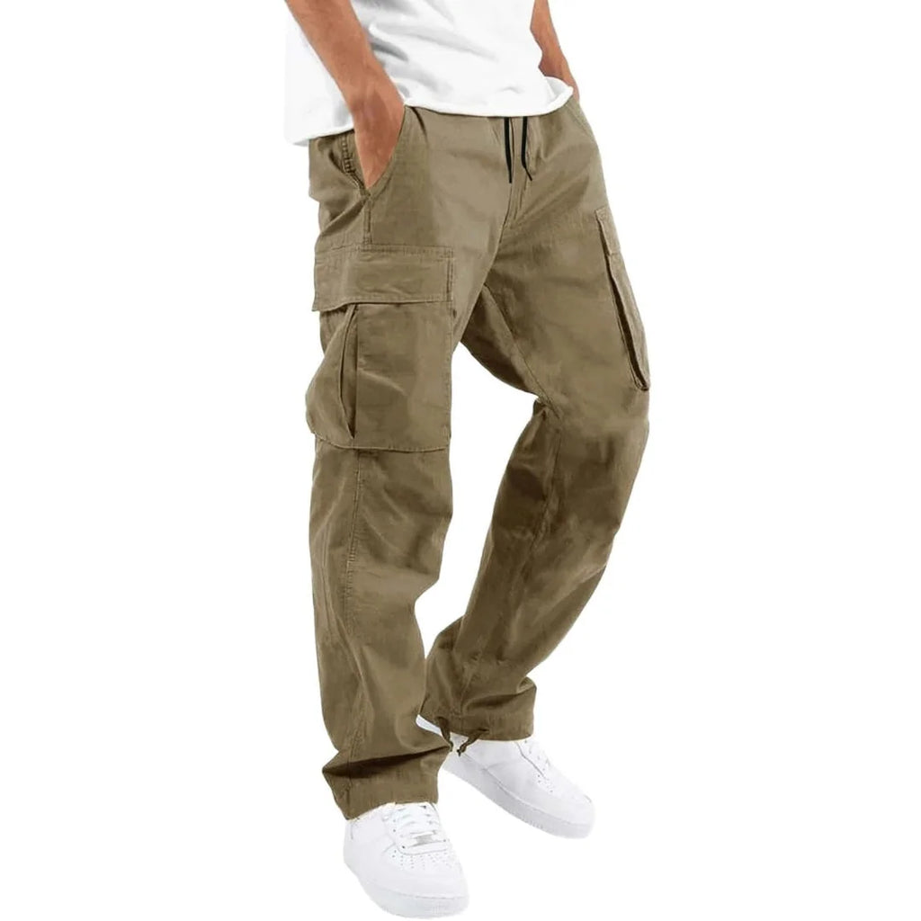 Olive Green Men's Cargo Pants with Multiple Pockets, Relaxed Fit & Adjustable Waist - Front Full Studio