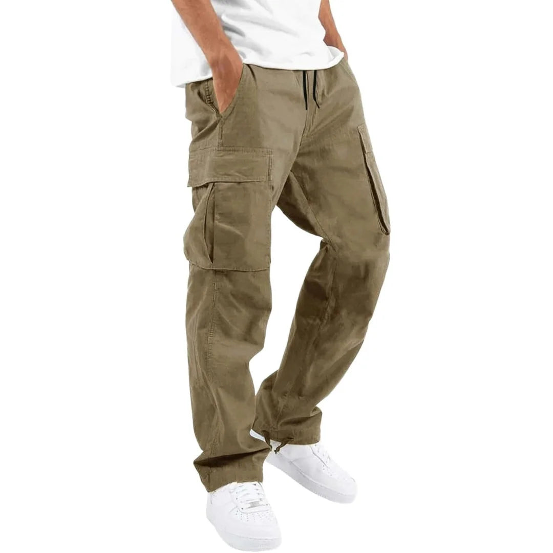 Olive Green Men's Cargo Pants with Multiple Pockets, Relaxed Fit & Adjustable Waist - Front Full Studio