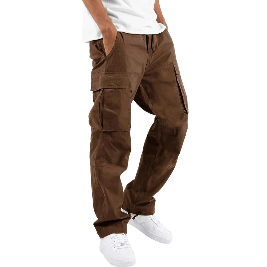 Brown Men's Cargo Pants with Multiple Pockets, Relaxed Fit & Adjustable Waist