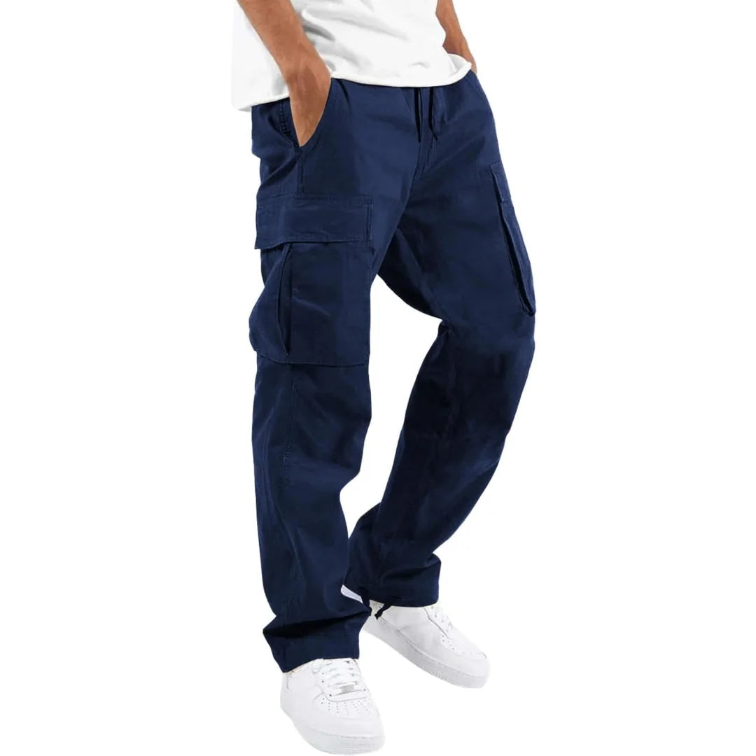 Navy Blue Men's Cargo Pants with Multiple Pockets, Relaxed Fit & Adjustable Waist - Front Full Studio