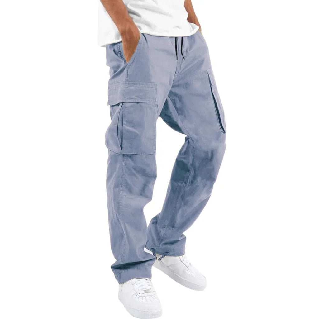 Dusty Blue Men's Cargo Pants with Multiple Pockets, Relaxed Fit & Adjustable Waist - Front Full Studio 2