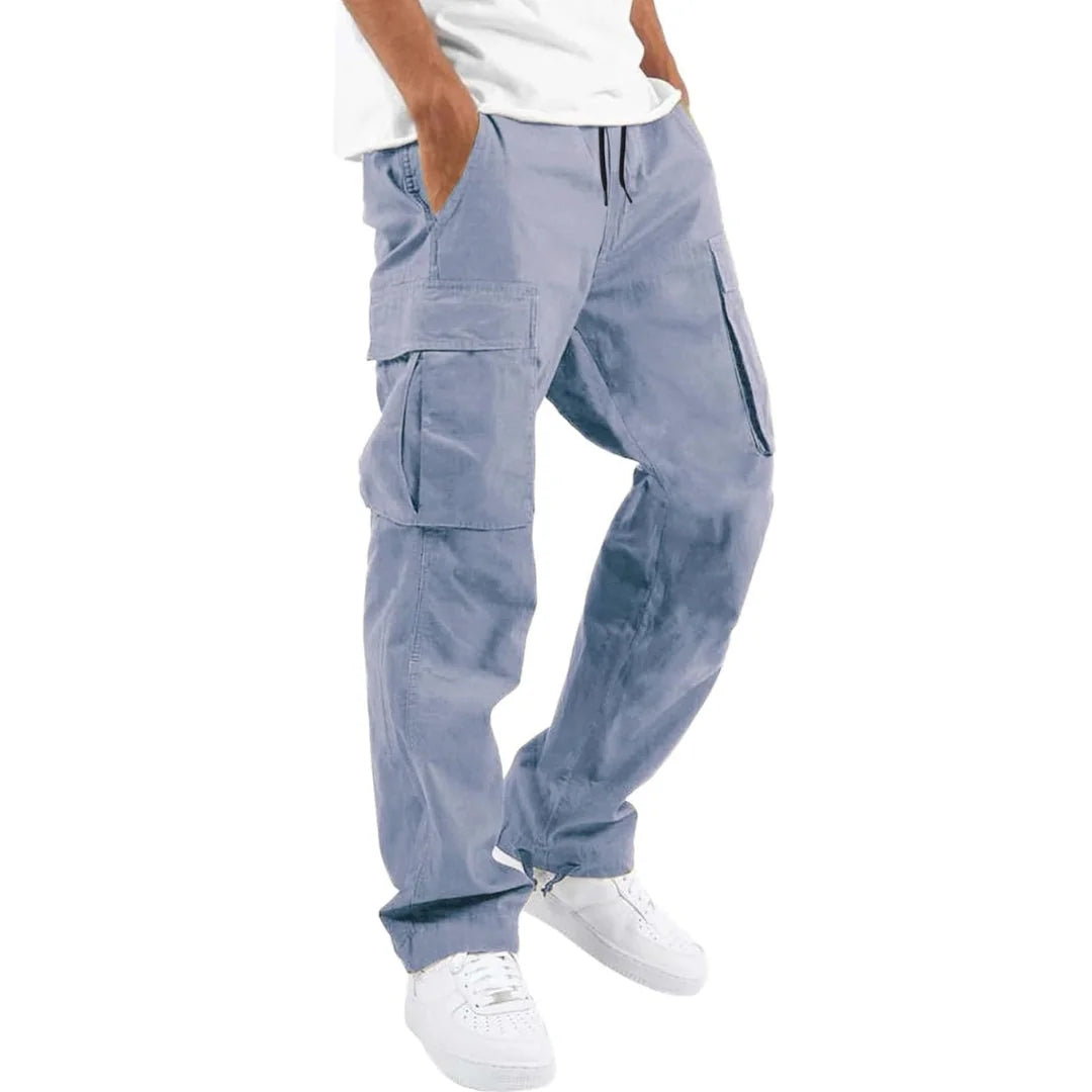 Dusty Blue Men's Cargo Pants with Multiple Pockets, Relaxed Fit & Adjustable Waist - Front Full Studio 2