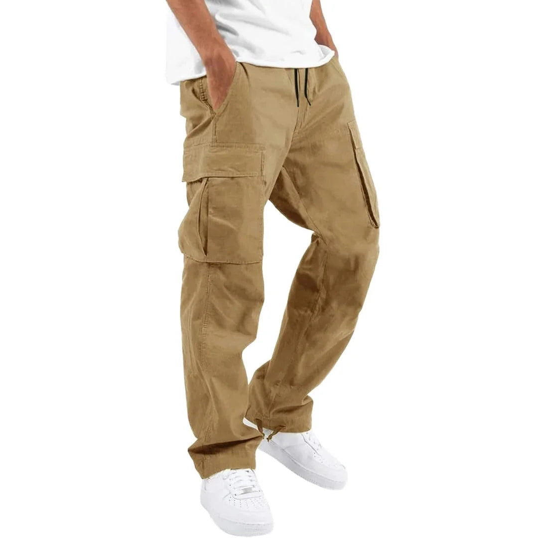 Khaki Men's Cargo Pants with Multiple Pockets, Relaxed Fit & Adjustable Waist - Front Full Studio