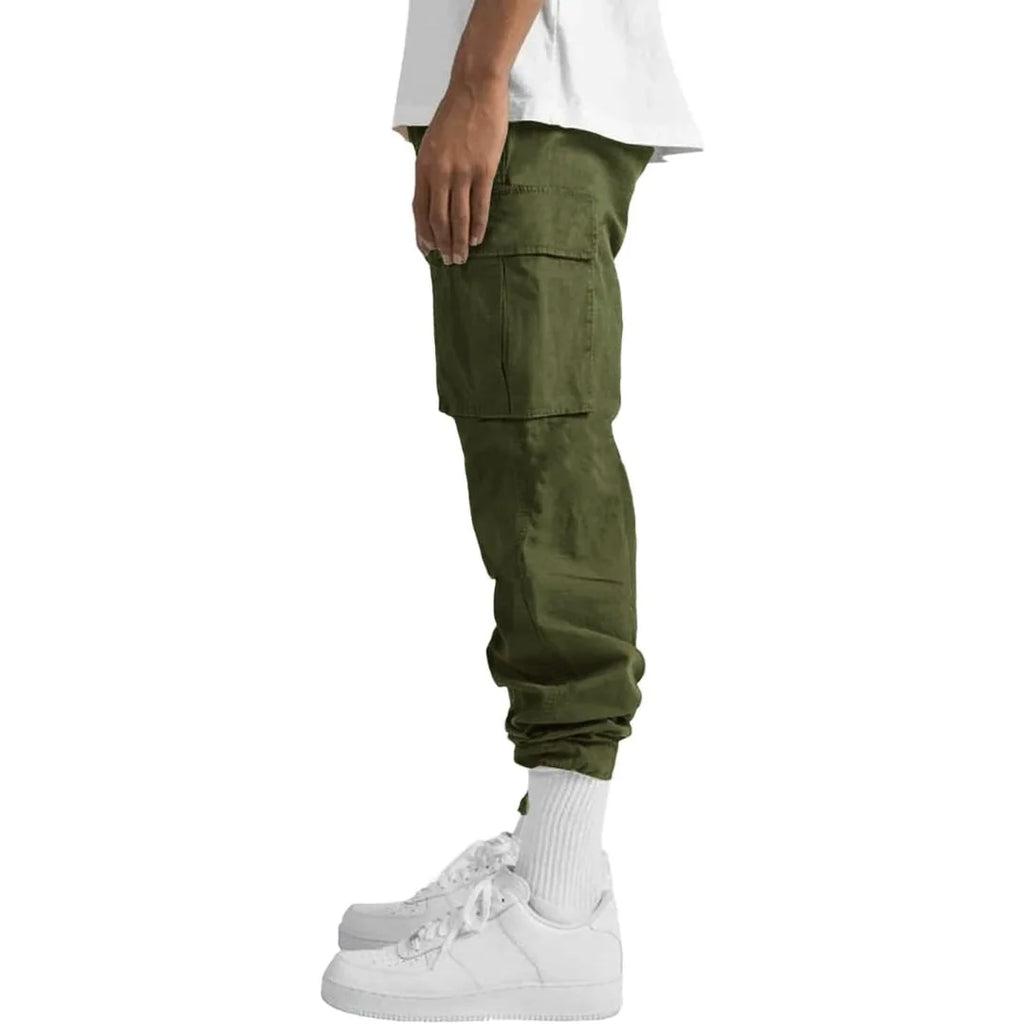 Men's Cargo Pants with Multiple Pockets, Relaxed Fit & Adjustable Waist - Flat Front Back Pair