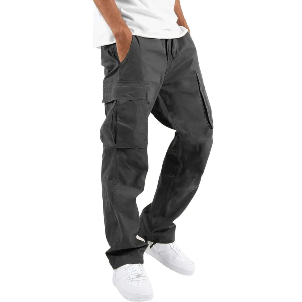 Dark Grey Men's Cargo Pants with Multiple Pockets, Relaxed Fit & Adjustable Waist - Front Full Worn