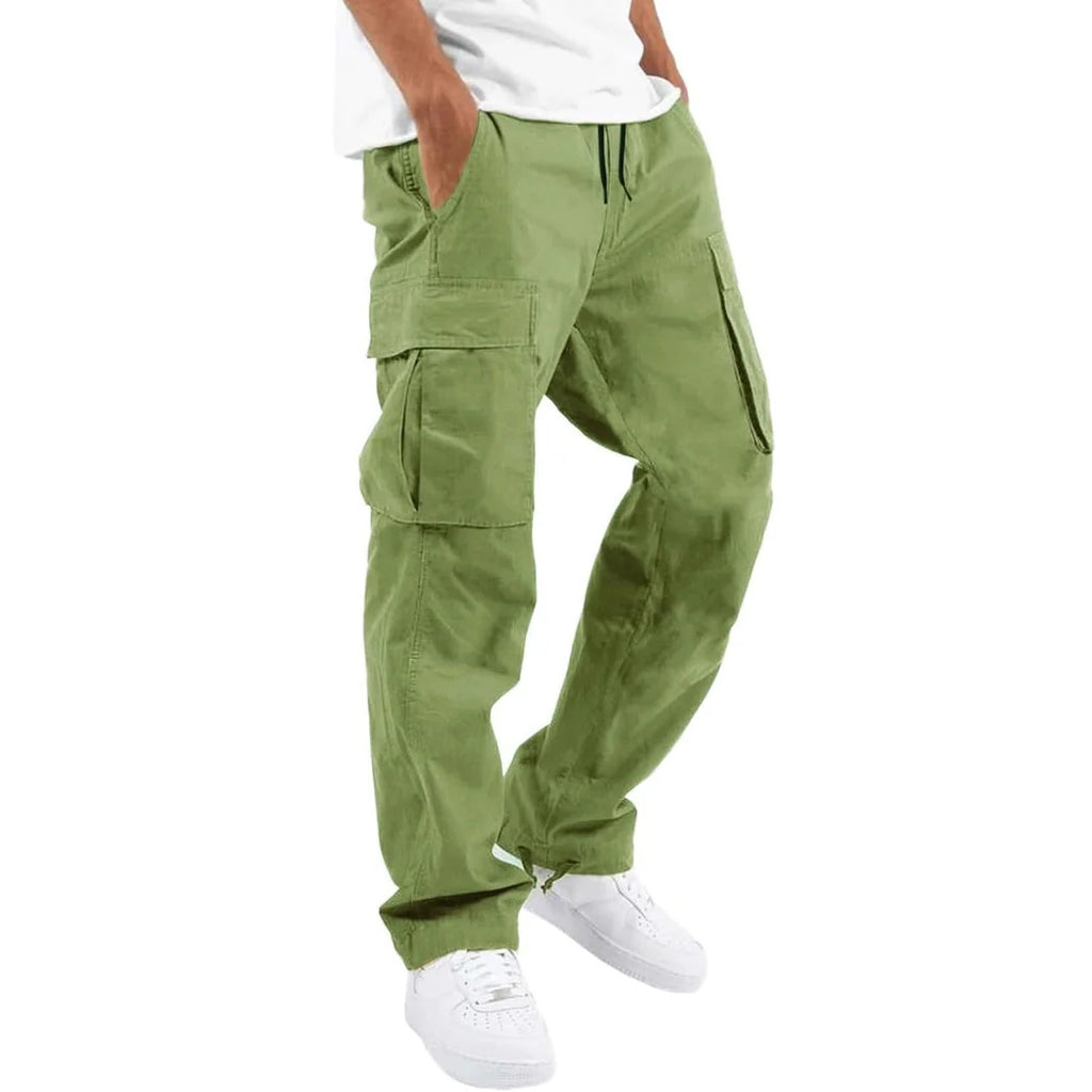 Light Green Men's Cargo Pants with Multiple Pockets, Relaxed Fit & Adjustable Waist - Side Pose