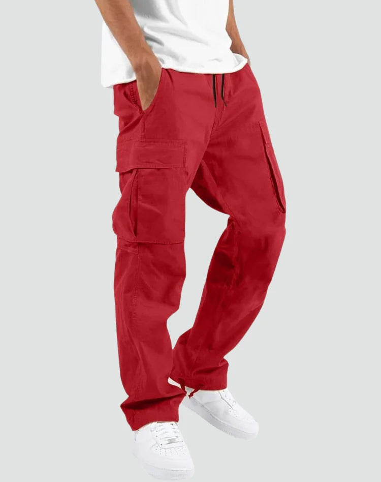 Red Men's Cargo Pants with Multiple Pockets, Relaxed Fit & Adjustable Waist