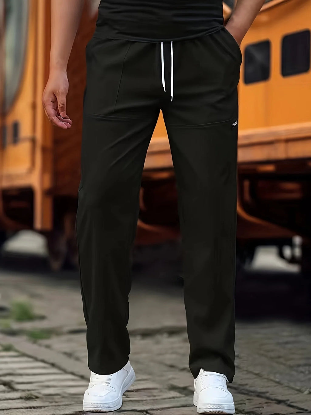 Black Men's Relaxed-Fit Sport Pants with Drawstring Waist & Side Pockets