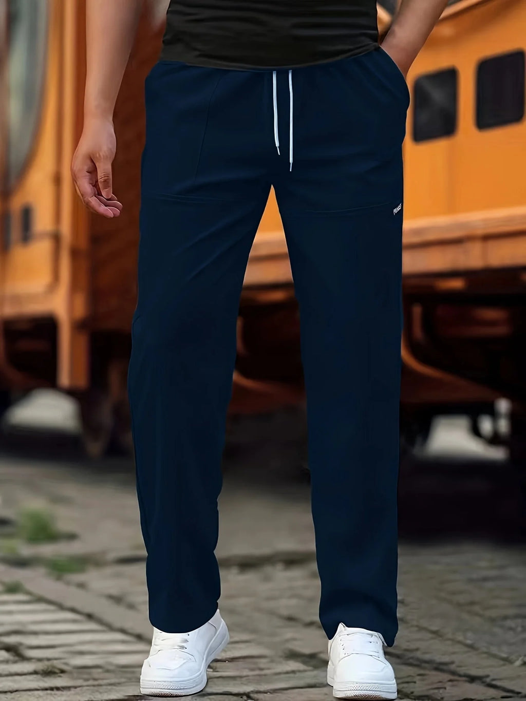 Dark Blue Men's Relaxed-Fit Sport Pants with Drawstring Waist & Side Pockets - Front Standing