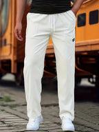 White Men's Relaxed-Fit Sport Pants with Drawstring Waist & Side Pockets - Front Detail