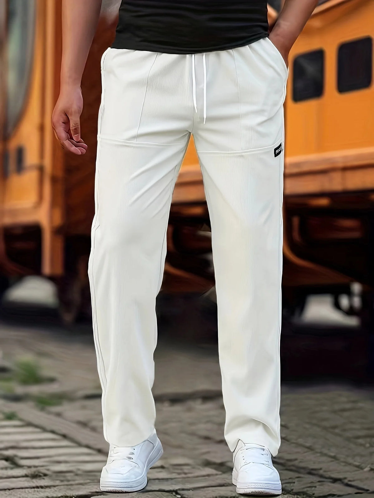 White Men's Relaxed-Fit Sport Pants with Drawstring Waist & Side Pockets - Front Detail