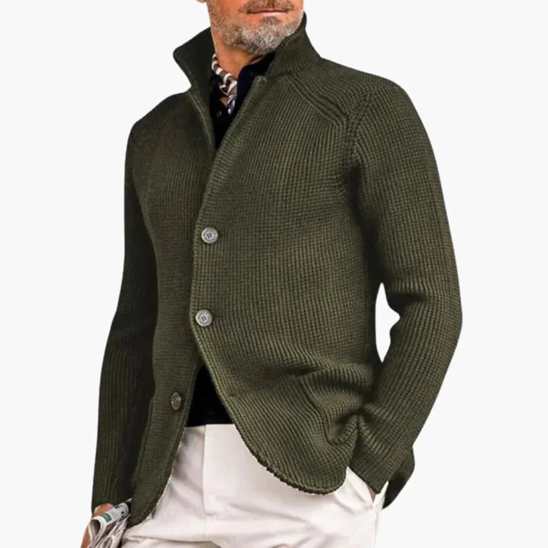 Army Men's Chunky Knit Cardigan — Reid Cozy Button-Front Stand Collar - Green Side Angle
