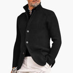 Black Men's Chunky Knit Cardigan — Reid Cozy Button-Front Stand Collar - Side Profile Pose