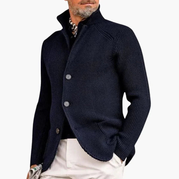 Blue Men's Chunky Knit Cardigan — Reid Cozy Button-Front Stand Collar - Front Three Quarter