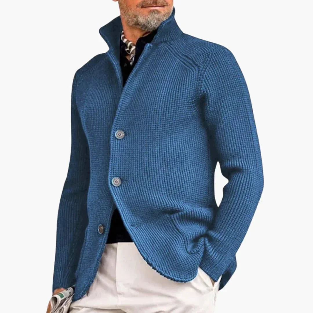 Blue Men's Chunky Knit Cardigan — Reid Cozy Button-Front Stand Collar - Side Angle Pose