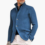 Blue Men's Chunky Knit Cardigan — Reid Cozy Button-Front Stand Collar - Side Angle Pose