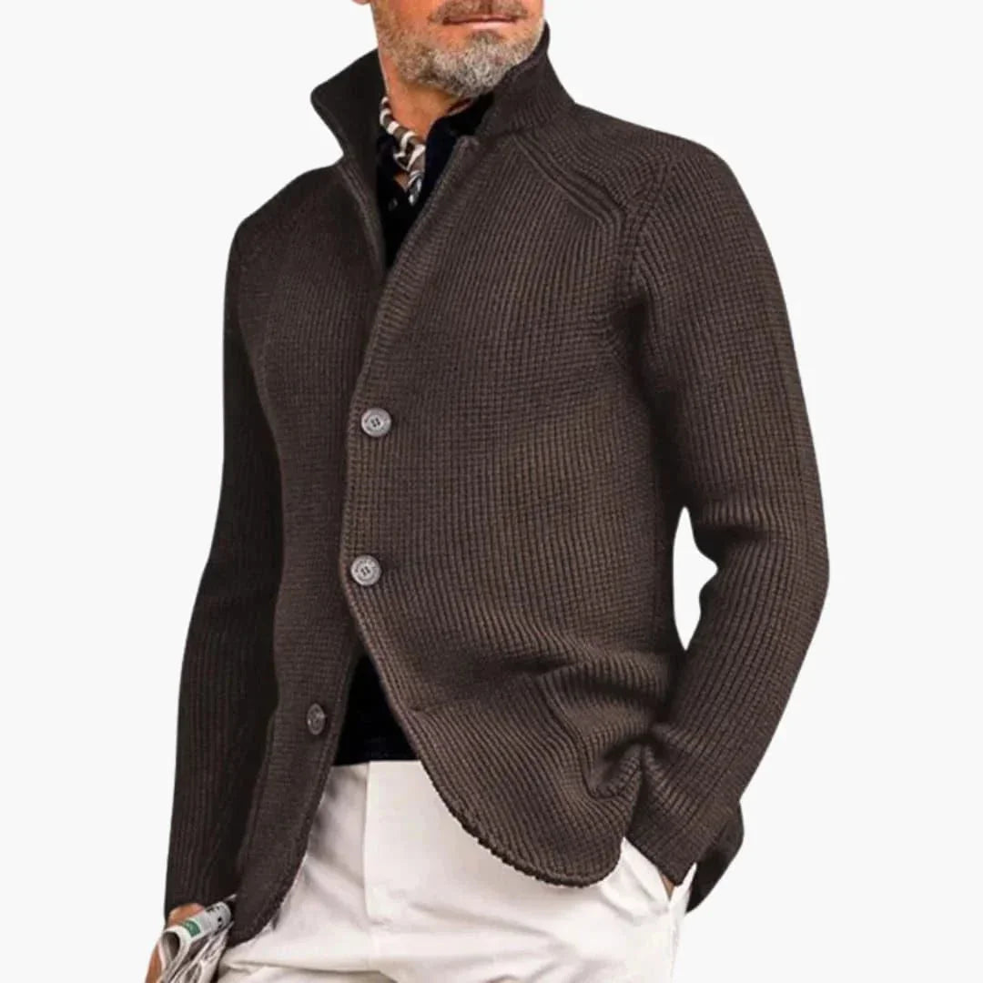 Brown Men's Chunky Knit Cardigan — Reid Cozy Button-Front Stand Collar - Front Pose