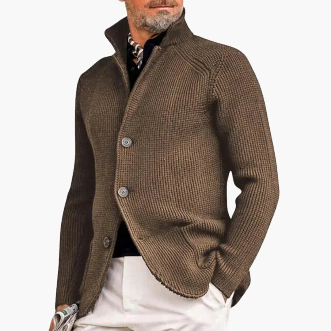 Khaki Men's Chunky Knit Cardigan — Reid Cozy Button-Front Stand Collar - Front Pose Taupe