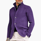 Purple Men's Chunky Knit Cardigan — Reid Cozy Button-Front Stand Collar - Side Pose