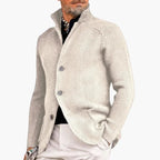 White Men's Chunky Knit Cardigan — Reid Cozy Button-Front Stand Collar - Front Pose Light