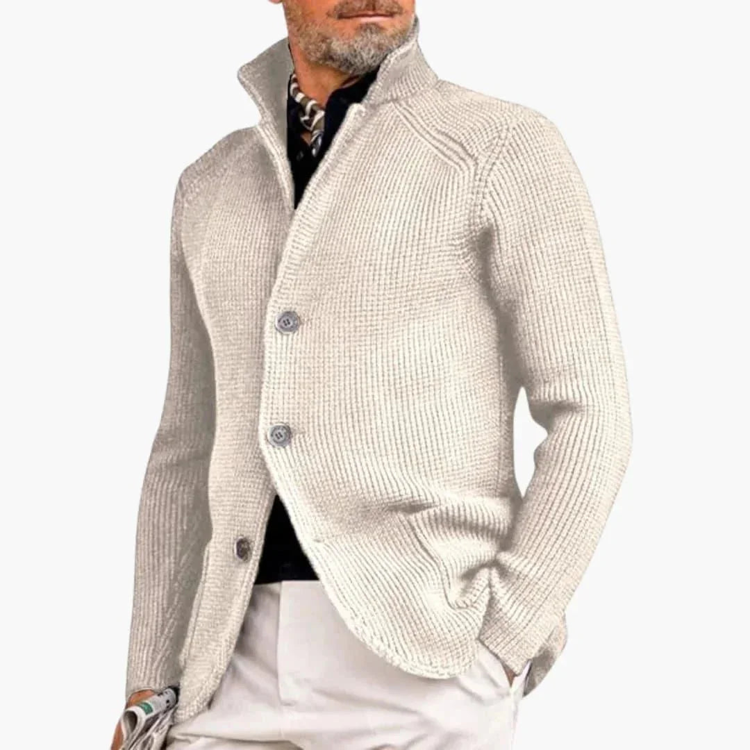 White Men's Chunky Knit Cardigan — Reid Cozy Button-Front Stand Collar - Front Pose Light