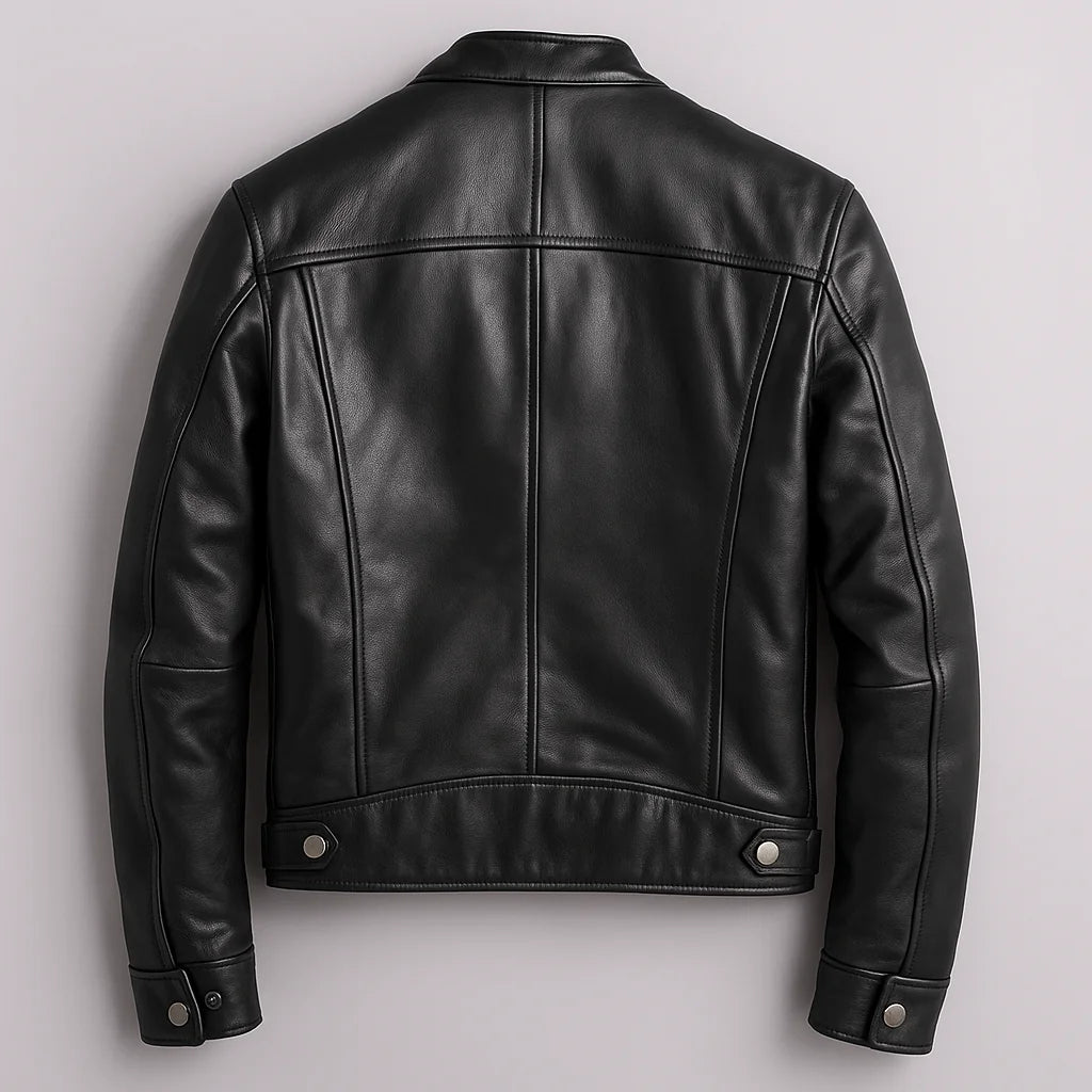 Men's Biker Jacket with Zip-Front Closure & Snap Collar - Back Flat Lay