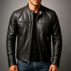 Men's Biker Jacket with Zip-Front Closure & Snap Collar - Worn Front Detail